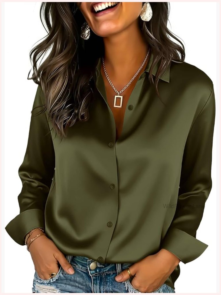 Silky Satin Button Down Shirt Long Sleeve Blouse Work Office